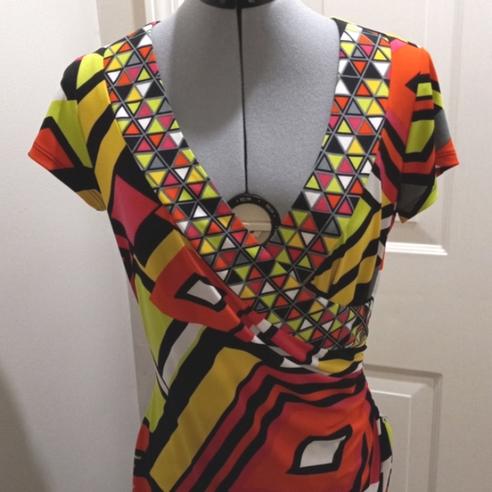 Frank Lyman Sz 6 Neon Geographic Style Midi Dress
